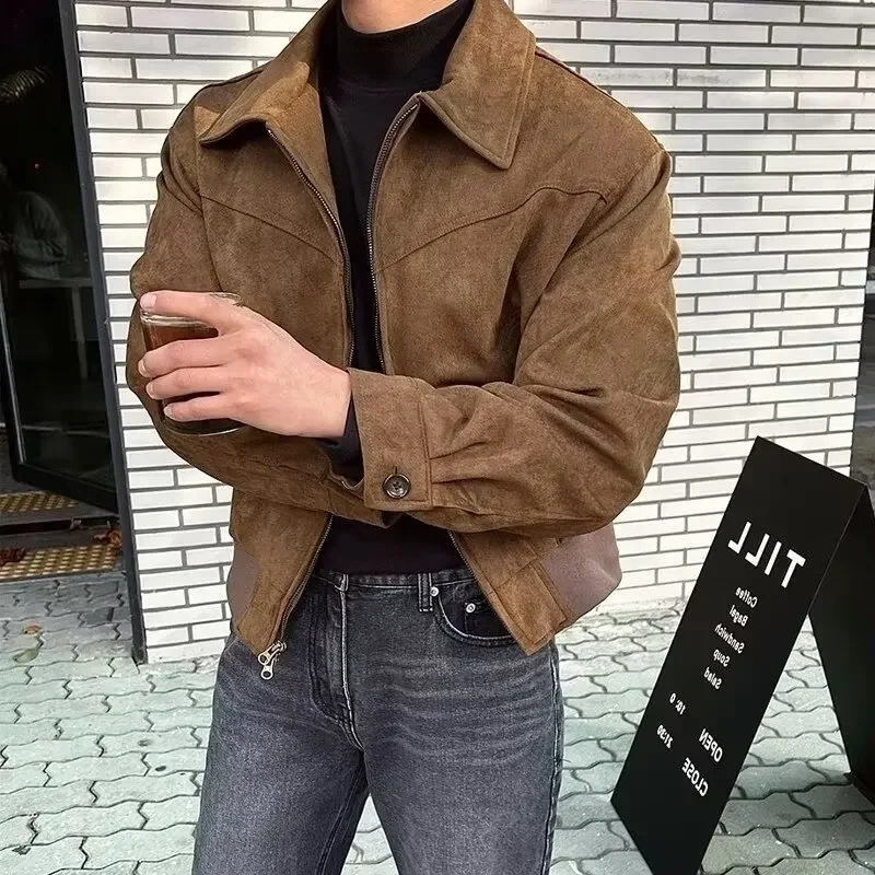 Spring Autumn Korean Style Mens Cropped Flying Jacket Loose Fit Lapel Zipper Youth Hong Kong Style Light Jacket Trendy 250725
