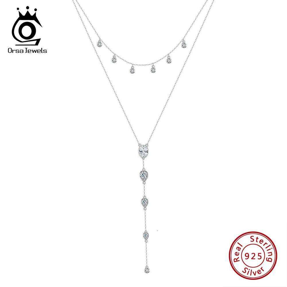 ORSA JEWELS Real Sterling Sier Necklace with CZ Classic Waterdrop Choker Chain Fashion Colar for Women Fine Jewelry BQN16