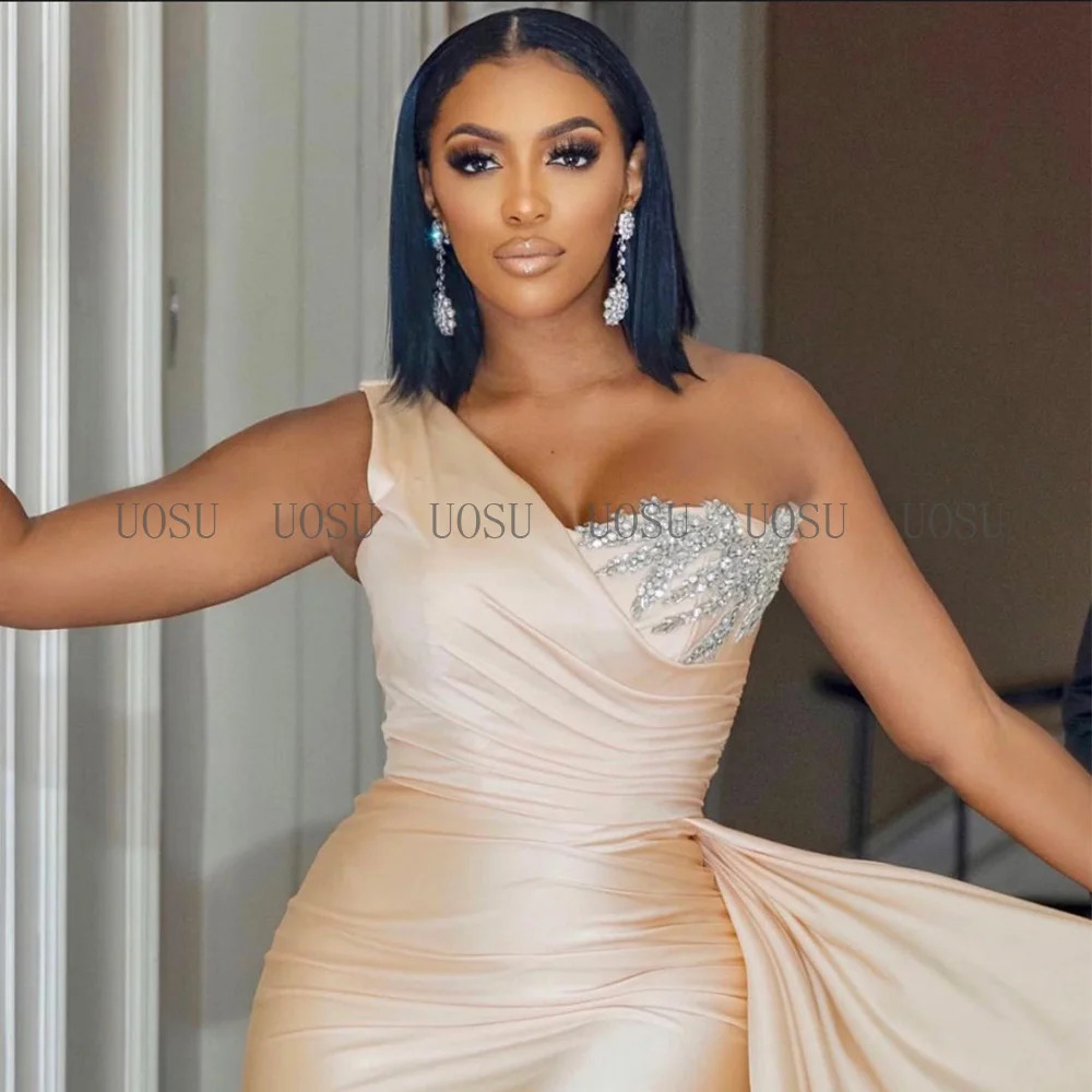 Bridesmaid Dress Champagne One Shoulder Mermaid Gown for Wedding Draped Beading Womens Formal Evening Dresses Long 250725