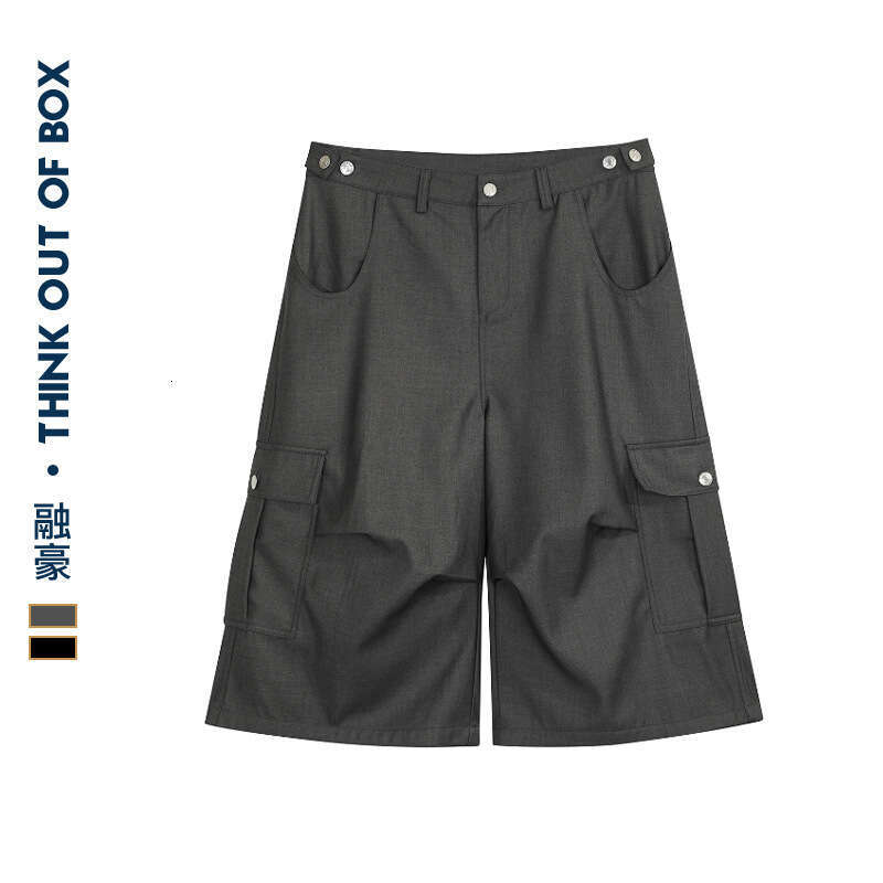 New Summer Trendy Brand Seven-Point Casual Trousers Pleated Design Silhouette Pocket Handsome Workwear Shorts B5
