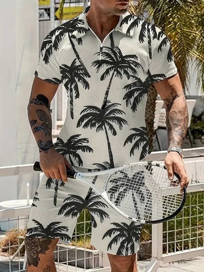 3D Printed Simple Style Lapel Zipper Polo Shirt Shorts Set Summer Fashion Casual Mens Sports Set 250725