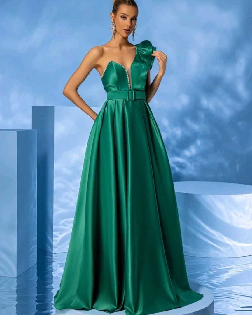Elegant Green Evening Dresses Satin One Shoulder Sleeveless Crystal A-line Women Formal Party Prom Gowns Customised