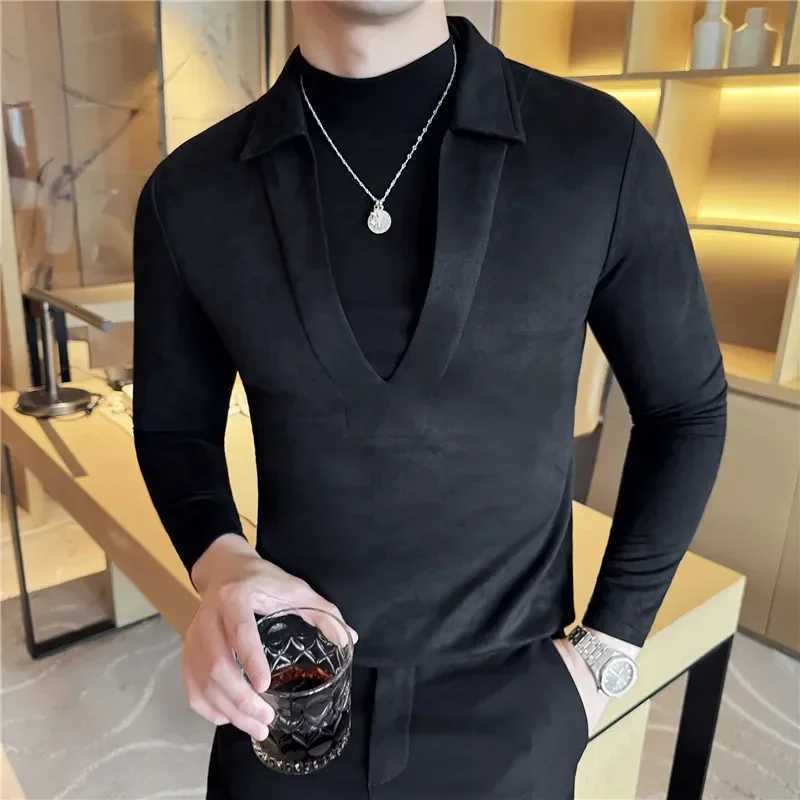 Men Fake Two-piece T-shirt Pullover 2024 British Style Autumn Winter Woolen Warm Thick Turtleneck T-shirt Fashion Men Clothing Z250725