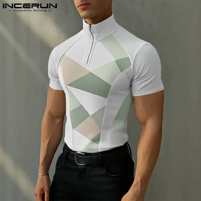 Men T Shirt Color BloCK Patchwork TurtleneCK Short SLeeve Tee Tops Zipper Workout Casual Men CloTHing Skinny Z250725