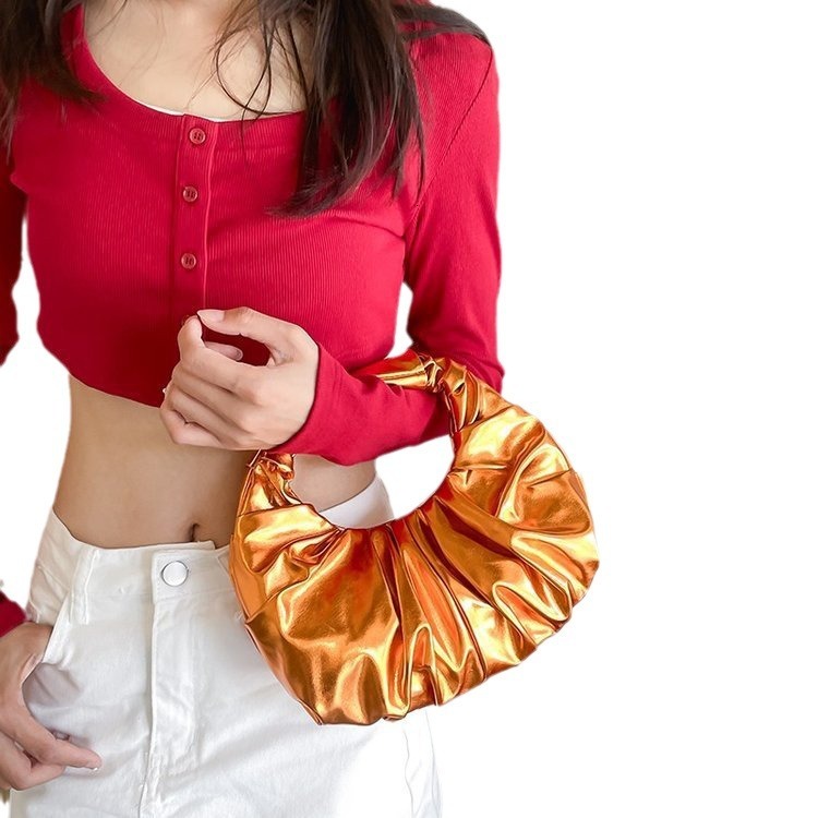 Luxury Brand Designer Bag Women's Bag New Glossy Metal PU Luxury bag Cloud Bag Fashion Pleated Design Handbag European And American Style Women&#