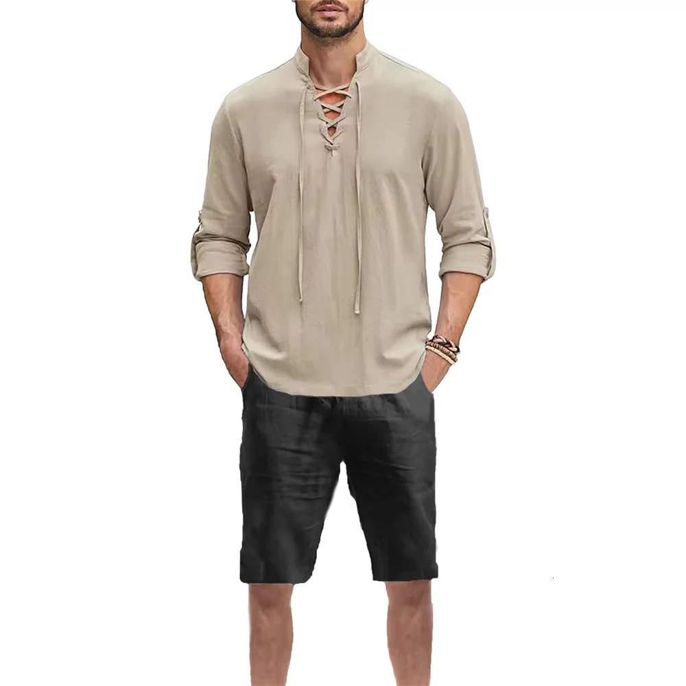 Mens Vintage Lace Up Vneck Shirt Suit Casual Solid Color Breathable Lightweight Fashion Summer Sets Male Outfit 250724