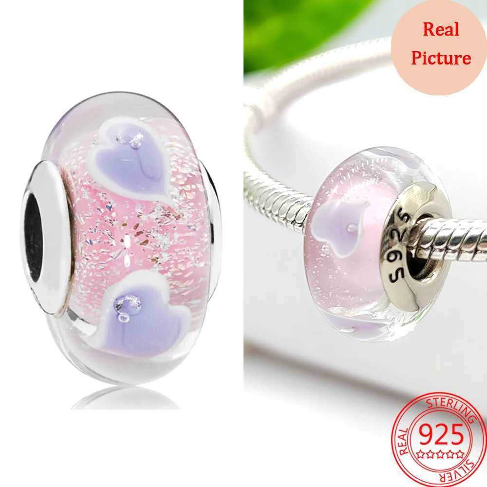Hot Sale Pink Charms Heart Dangle Murano Charm Beads Flower Pendant DIY Jewelry Fits Original 925 Sterling Silver Bracelet XJ250726
