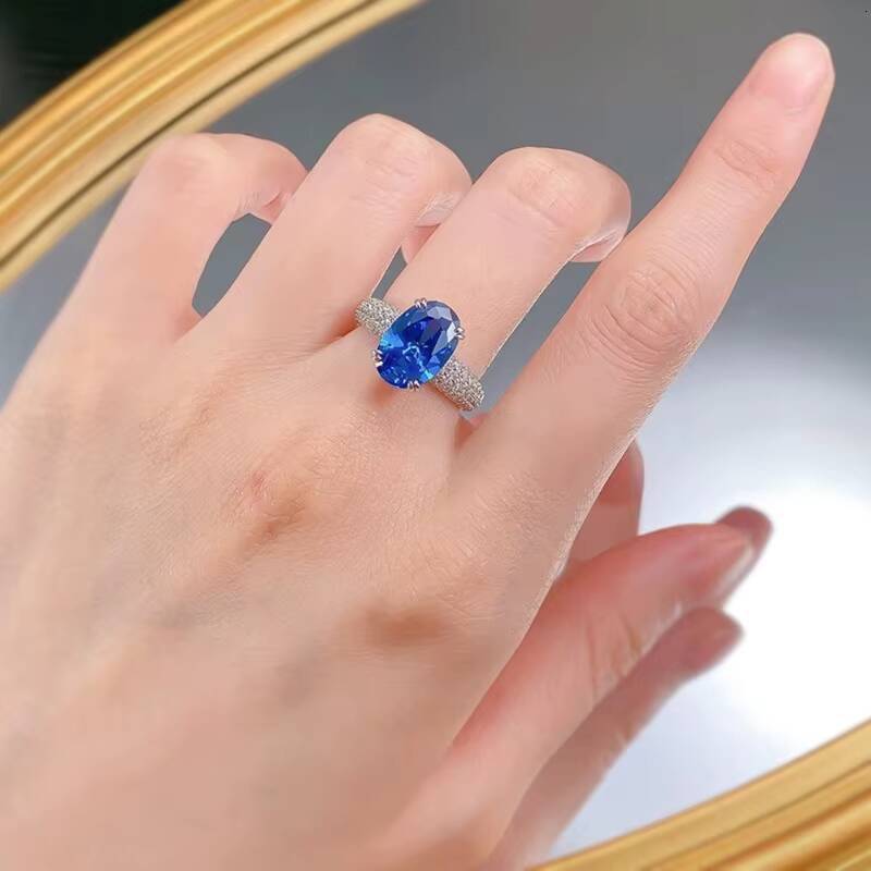 MEENOY Wholesale Price Sterling S925 Silver Micro Inlaid Zircon Jewelry Oval Blue Sapphire Wedding Ring