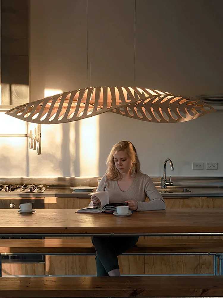 Nordic Wabi Sabi Fish Bone Wood Ceiling Pendant Light Home Decor Living Room LED Chandelier Bar Cafe Hanging Lamp Lustre Fixture XJ250725