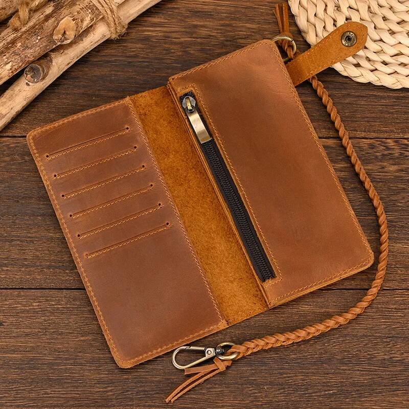 Fashionable Long Wallet With Braided Strap Genuine Leather 2 Folds Cell Purse Coin Inner Zip Clutch Phone Pouch