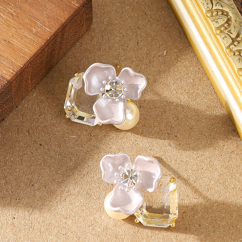 S Sier Needle Korean Version Super Fairy Exquisite Pastoral Style Inlaid Dia Pearl Oil Drop Flower for Women Elegant Versatile Earrings