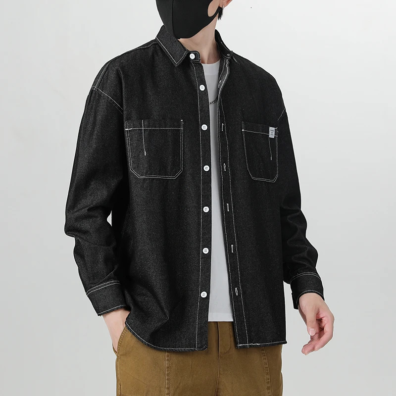 Mens Clothes Cotton Denim Shirts Long Sleeve Blue Black Pockets Button Drop Shoulder Casual Cowboy Coat Loose Work Male Shirt 250725