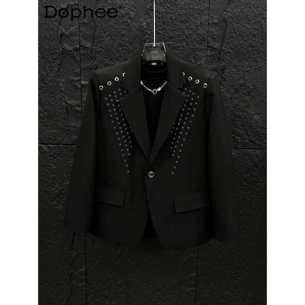 High-End Metal Hole Black Blazers Men's 2025 Spring Autumn New Handsome Loose Suit Jackets Male Long Sleeve Chic Tailored Coats