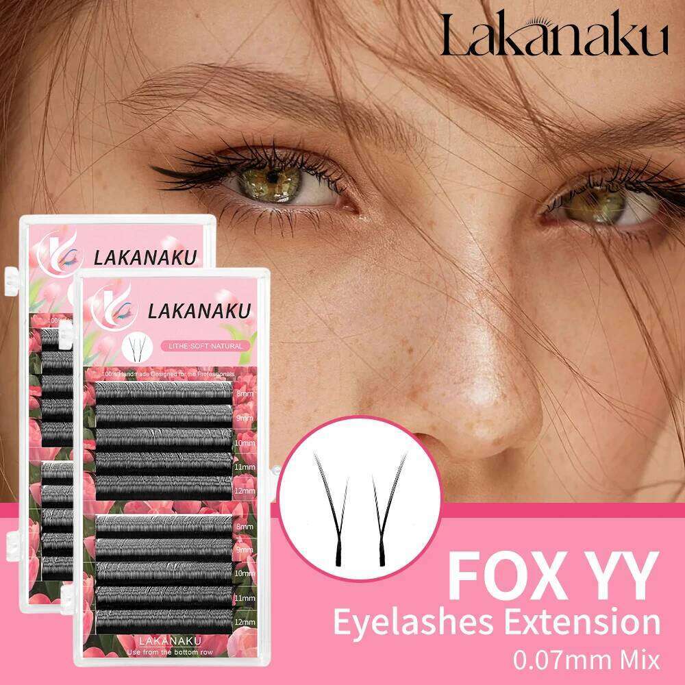 LAKANAKU Fox Eyes Shape Eyelashes Extension 0.07mm Eyelash Cilia and Brazilian Volume Soft Faux Mink YY Lashes Y Cilios X250725
