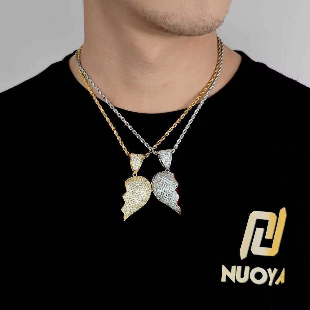 Hip Hop Iced Out Drop Moissanite Broken for Couples Half Heart Couple Necklace