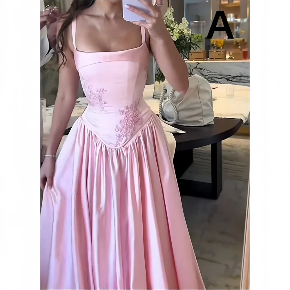 Kyoto Customize Pink Flower Embroidery Bridesmaid Dresses Spaghetti Strap Pleats robe mariage LaceUp Wedding Guest Dress 250725