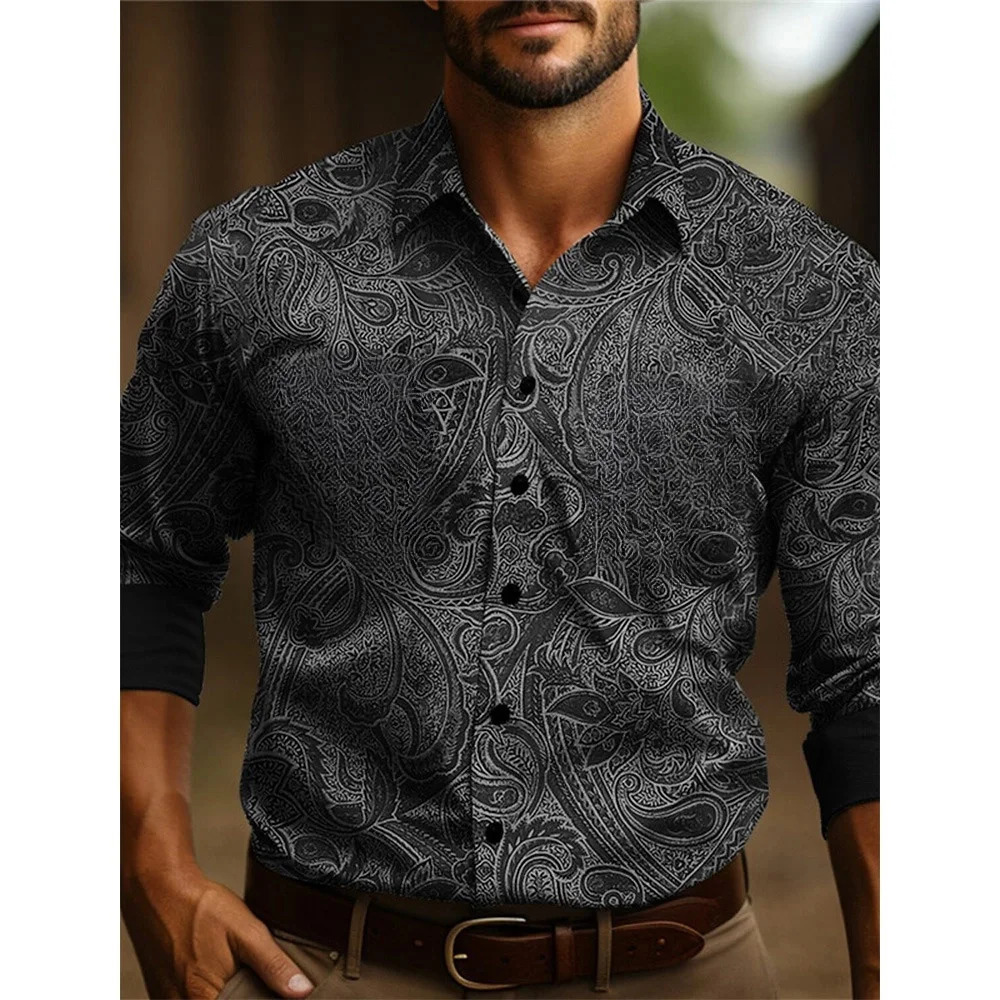 Mens longsleeved shirt Four seasons casual lapel button down denim retro ethnic totem style breathable soft 250725