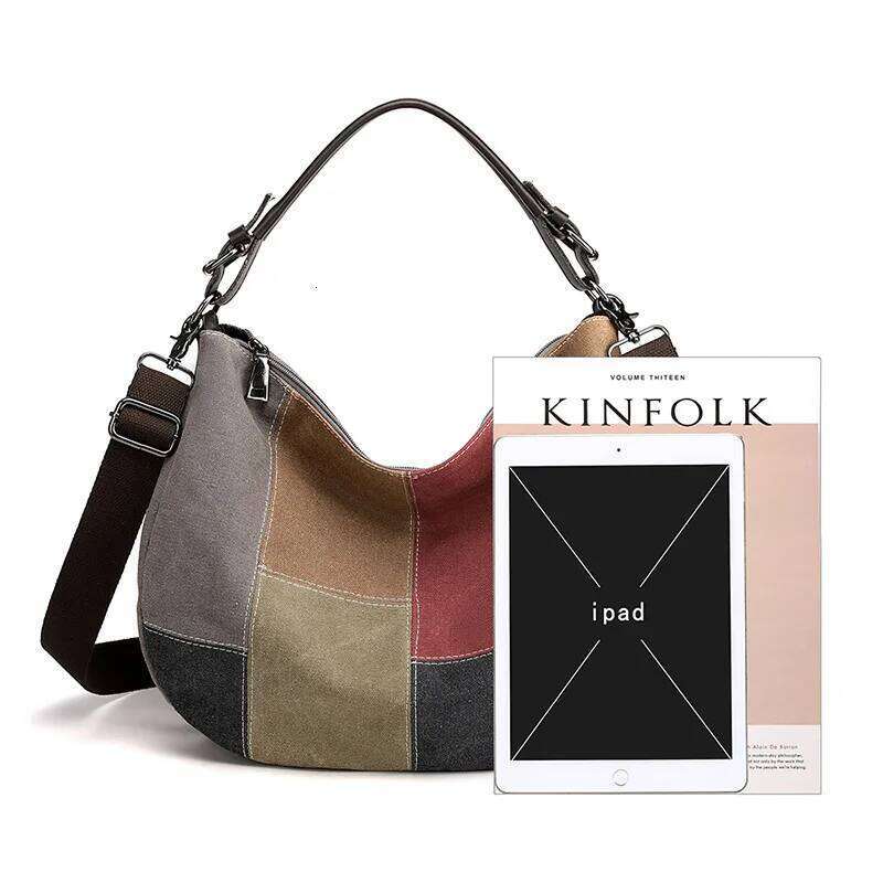 Vintage Patchwork Canvas Tote Fashionable Single Shoulder Crossbody for Women Large Capacity Color-Block Underarm Bag