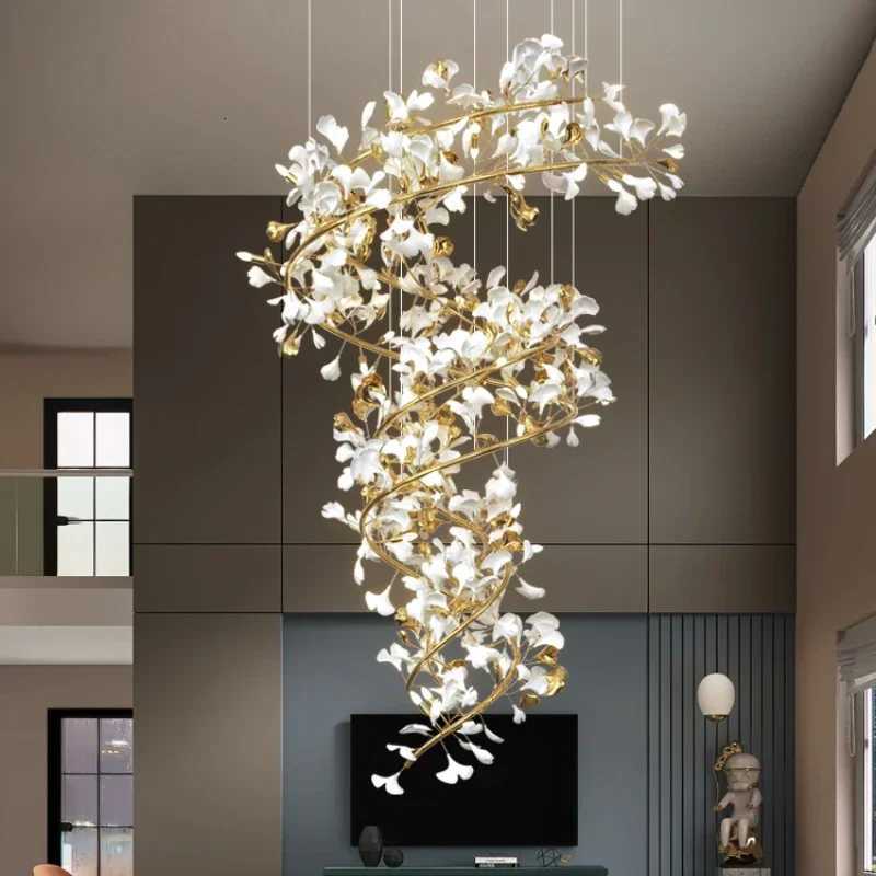 Modern Luxury Loft Ginko Leaf Chandelier for Duplex Staircase Villa Hotel Lobby Artistic Large Long Ginko Leaf Pendant Lamp HallXJ250725