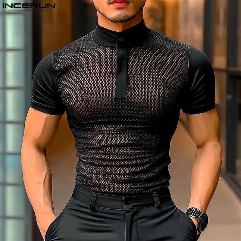 Men T Shirts Mesh Patchwork Transparent Turtleneck Short SLeeve Casual Camisetas Streetwear 2025 Fashion Sexy Tee Tops Z250725