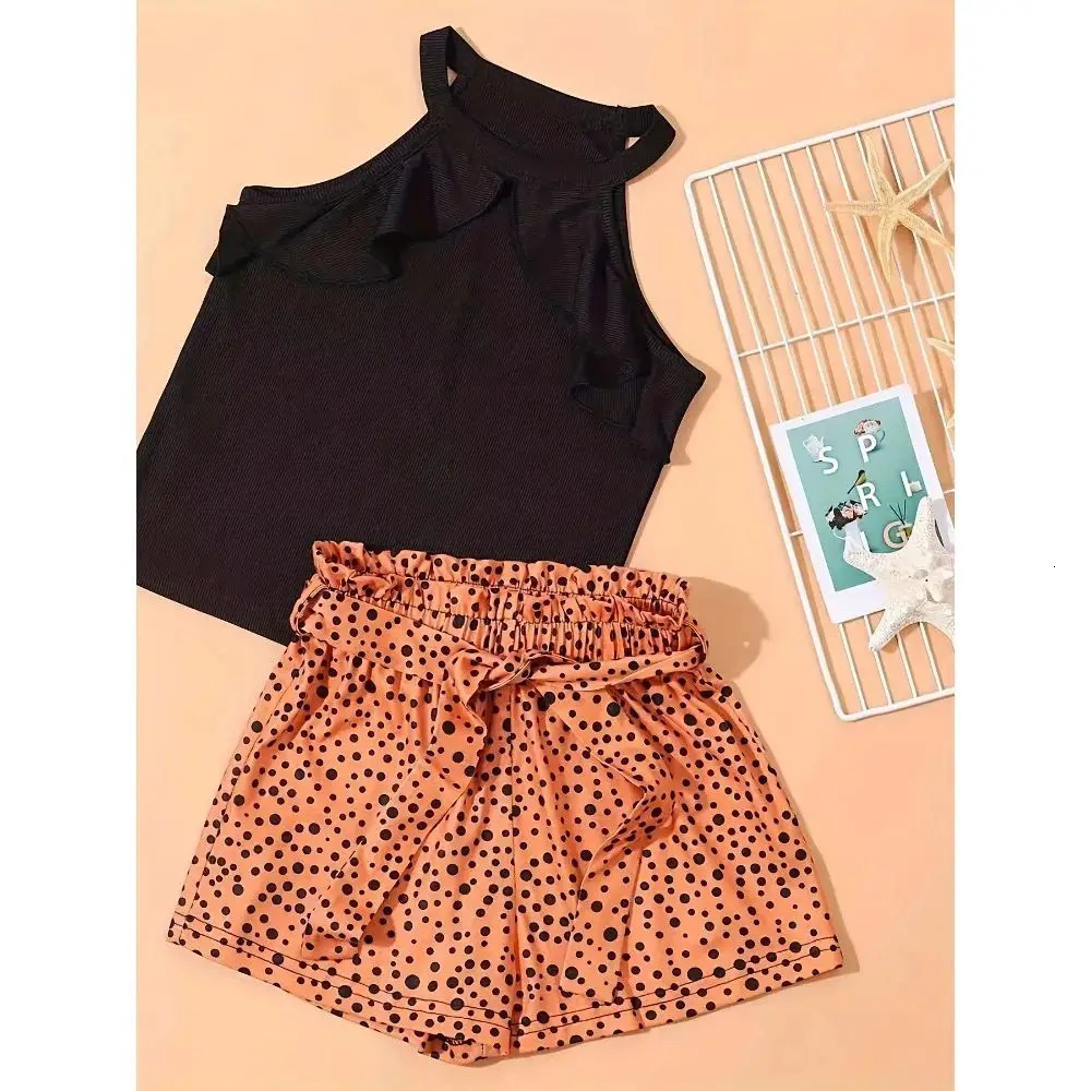 2PCS Girls Trendy Outfit Halter Neck Camisole Polka Dot Pattern Shorts Set Kids Summer Clothes 250725