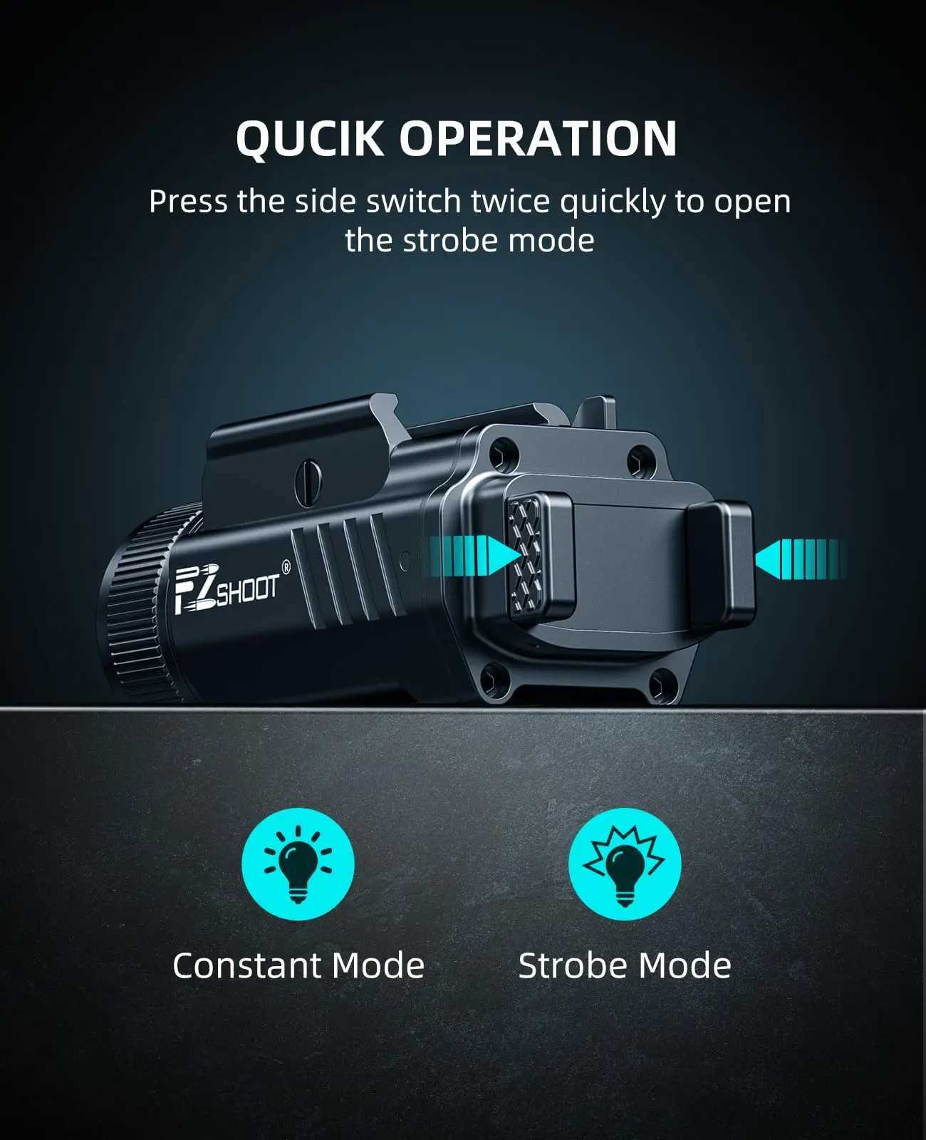 EZshoot 2000 Lumen Tactical Flashlight Compact LED Light Rechargeable for Pistol Picatinny or GL Rail with Adjustable Slide Rail W250722