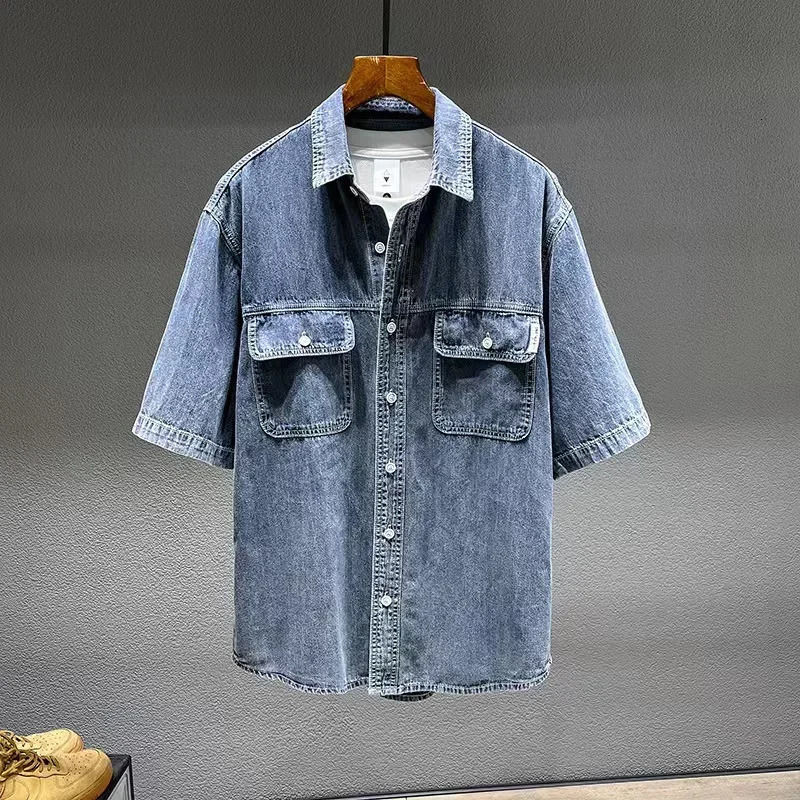 Summer Mens Denim Shortsleeved Shirt Retro Large Size Tooling Loose Casual Tops Allmatch 7XL 8XL 250725