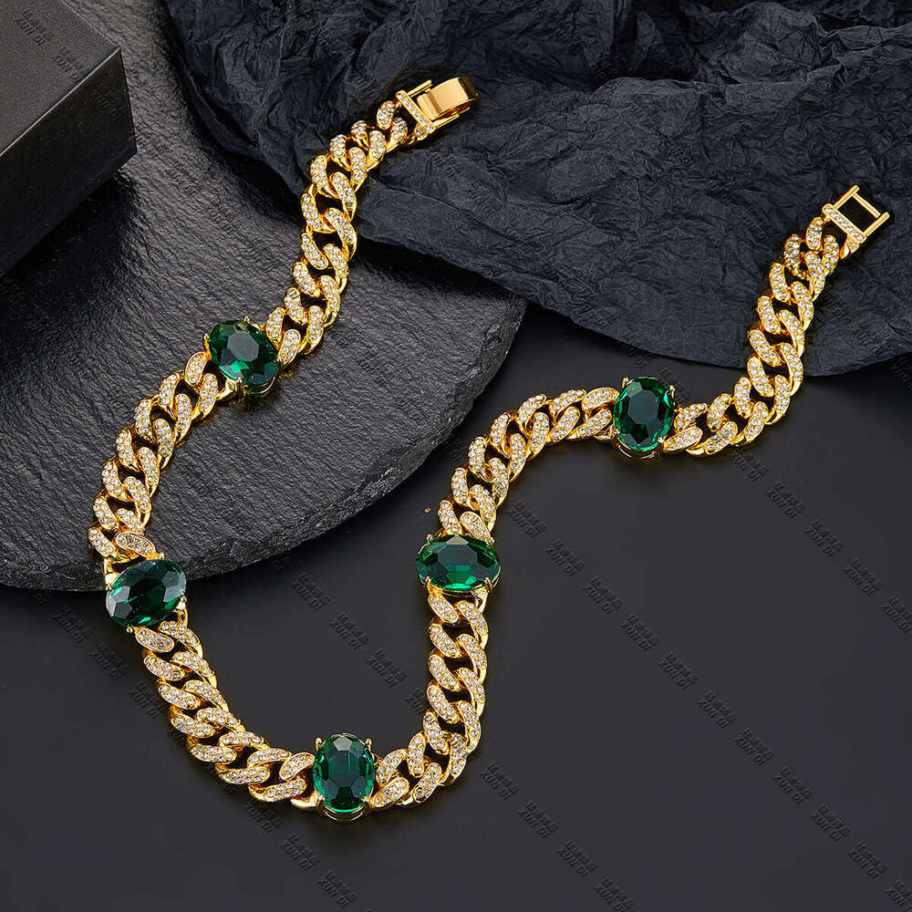 New Hip-Hop Alloy Rhinestone Luxurious Versatile 13mm Emerald Cuban Chain Necklace Special