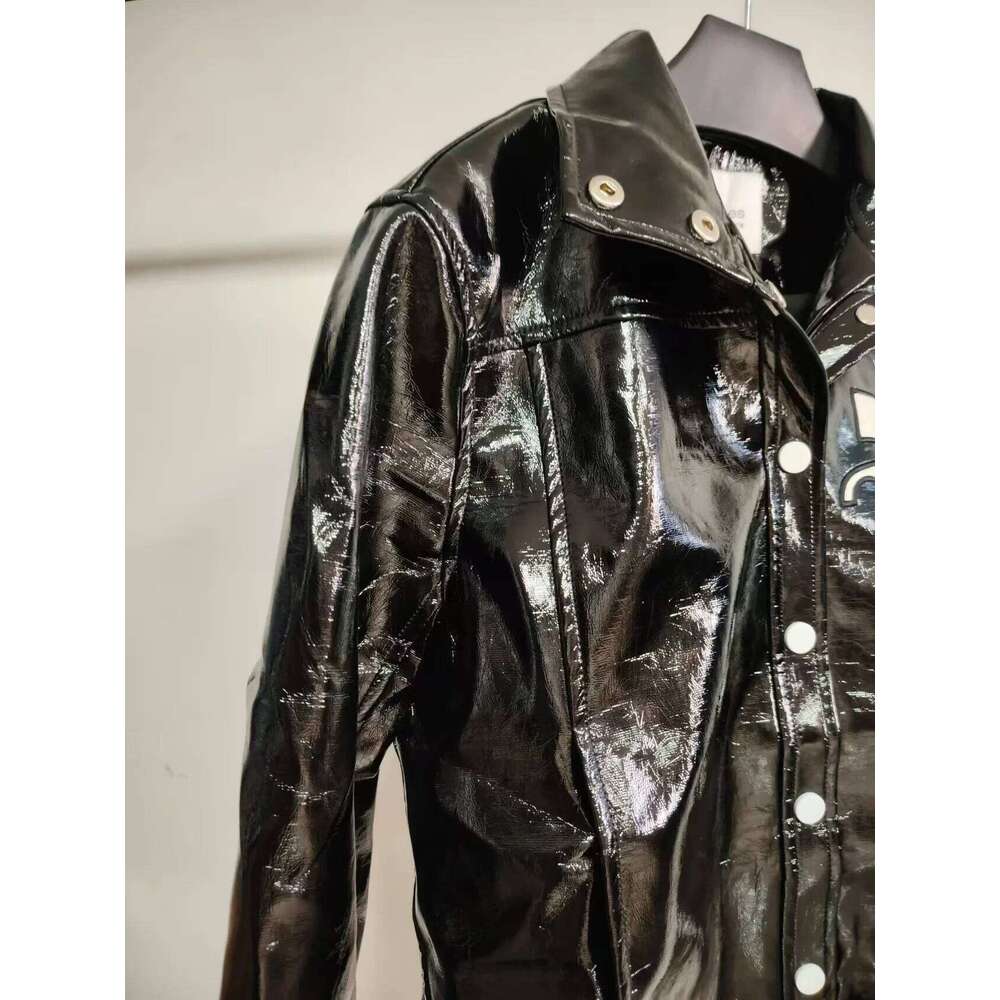 Trendy French Classic Emed PU Texture Shiny Leather Coat Moto Short Jacket Flip Collar Outerwear