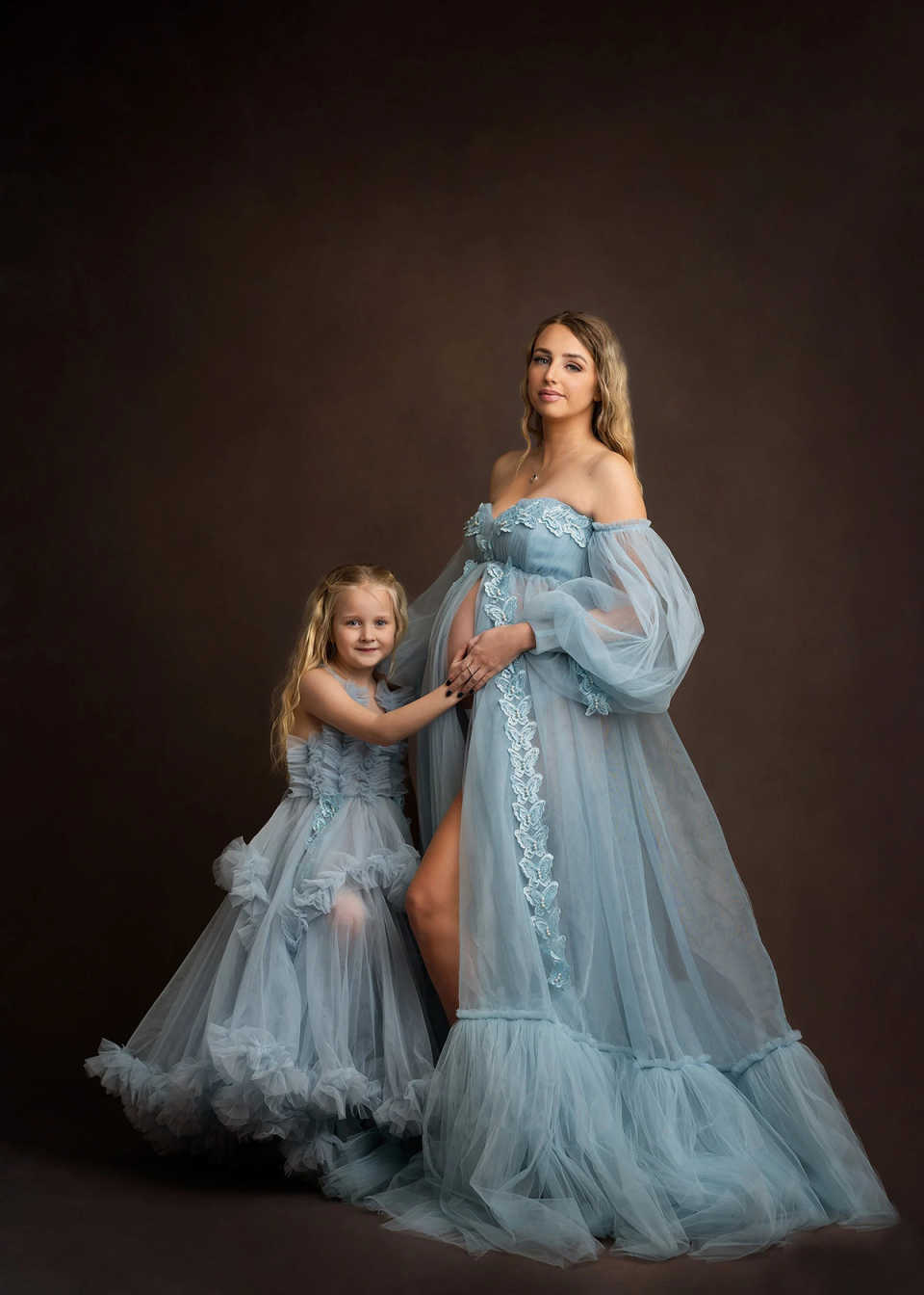 Blue Maternity Robes A Line Sweetheart Lace Appliques Fluffy Tiered for Photography Pregnancy Dresses Customized