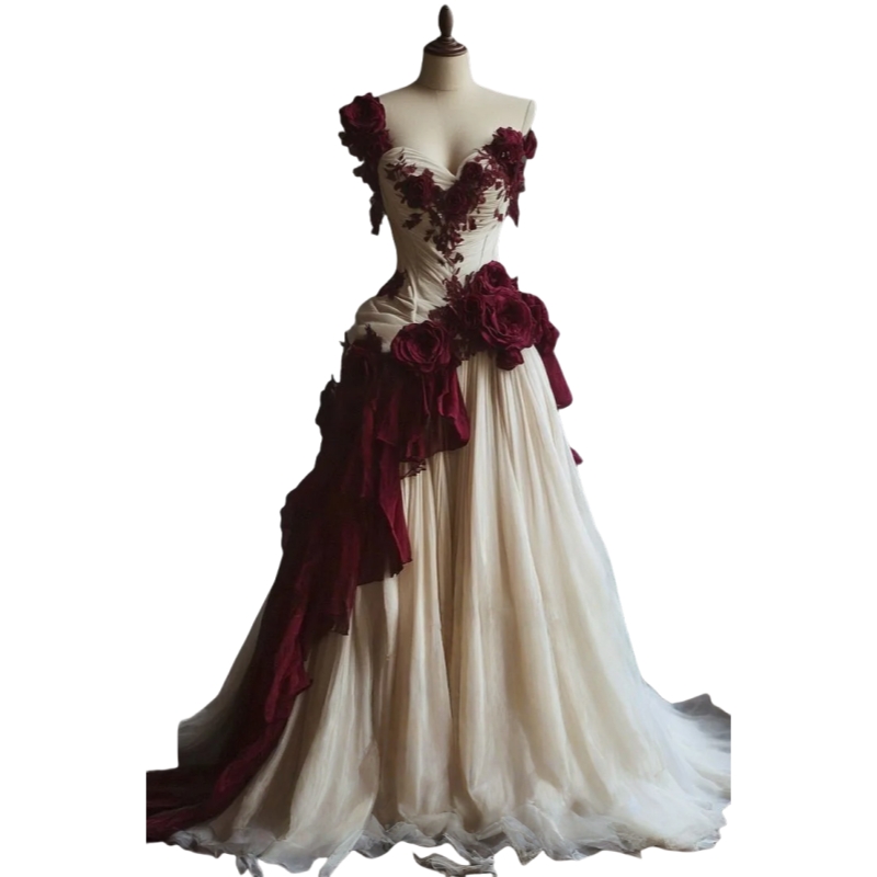 One Shoulder Vintage Prom Dresses Champagne And Burgundy A-Line Long Special Occasion Dress With Flower Lace Ruched Classic Evening Gowns Formal Wear 