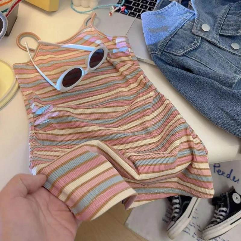 Children Suspender Striped Long Skirts Girls Baby Princess Summer Casual Vest Dresses Fashion Cute Student Kids Short Skirt 250725
