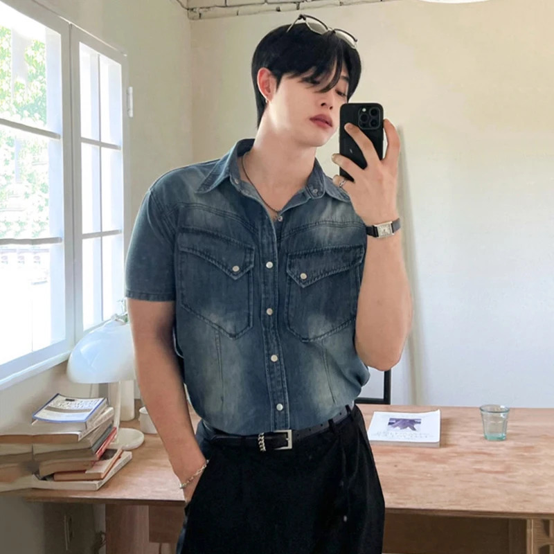 IEFB Niche n Mens Denim Shirts Turndown Collar Single Breasted Washing Solid Color Short Sleeved Loose Male Tops 9W2513 250725