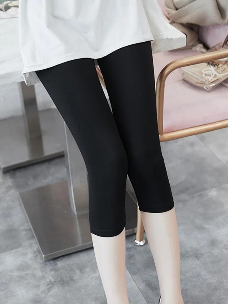 CUHAKCI Summer Short Legging Jegging Polyester Solid Black s Fitness Elastic MidCalf Cropped Pants 250725