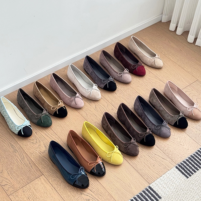 Top Quality Suede Ballet Flats Bow Sandals Designer Ballerina Shoes Women Velvet Loafers Cap Toe Flat Pumps Fashion Wedding Party Dress Shoes 891