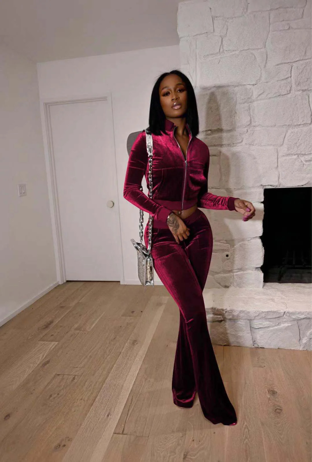 Fashion Solid Velour Two Piece Set Women Simple Casual Zipper Long Sleeve Turtleneck TopBandage Lace Slim Female Wide Leg Pants 250723