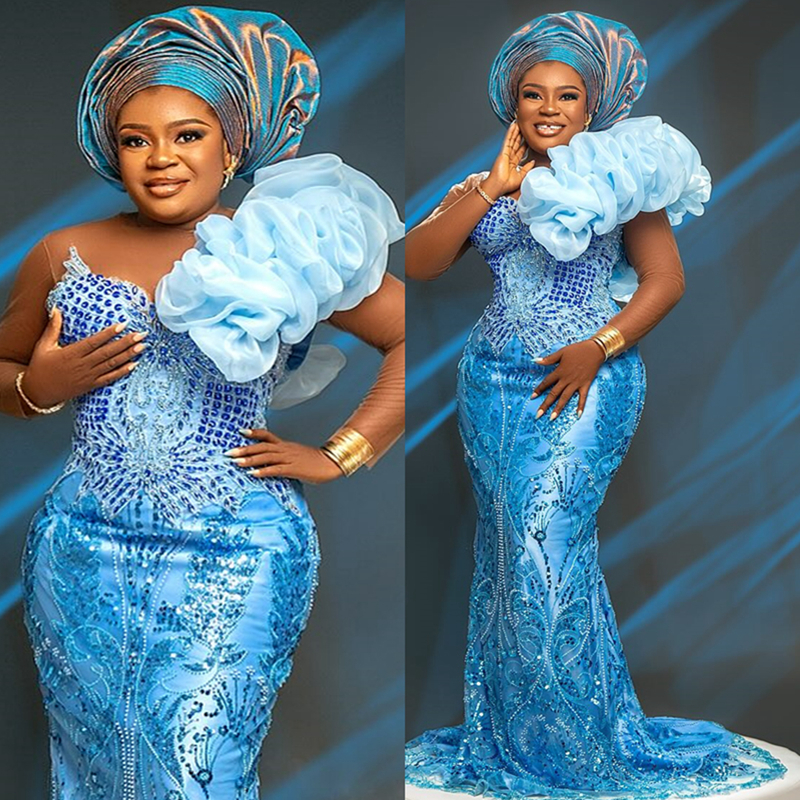 2025 Plus Size Blue Prom Dress Evening Dresses Mermaid Formal Gowns For Black Women Sheer Neck Long Sleeves Beaded Lace Birthday Dress Second Receptio