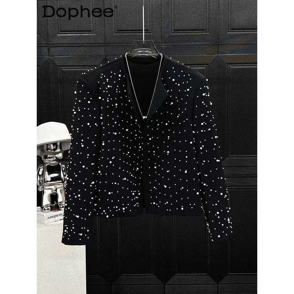 Men's 2025 Spring Korean Version High Street Coats Loose Comfort Trendy Short Tops Niche New High-End Beaded Design Jackets