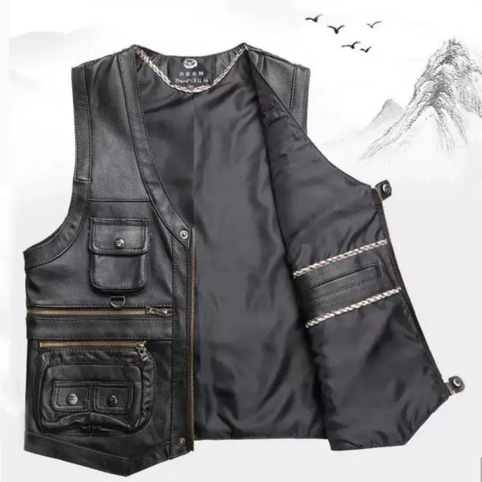 2024 Cowhide Genuine Leather Man Vest Waistcoat Male clothing Jacket Thick Motorcycle Multi Pocket leather biker Men safety vest 250725