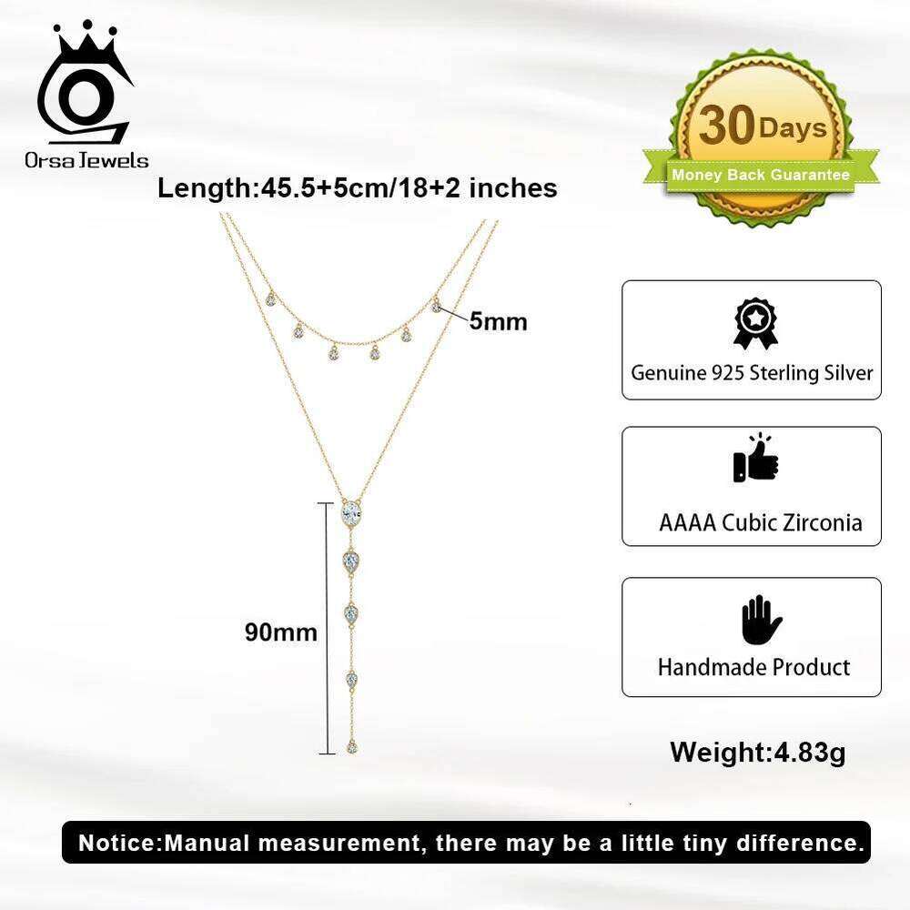 ORSA JEWELS Real Sterling Sier Necklace with CZ Classic Waterdrop Choker Chain Fashion Colar for Women Fine Jewelry BQN16