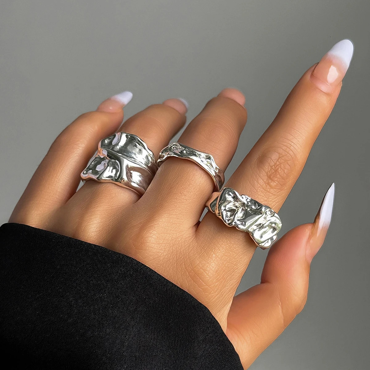 3Pcs Vintage Irregular Pleated Open Ring for Women Men Punk Liquid Metal Style Finger Y2K Accessories Fashion Jewelry 250716