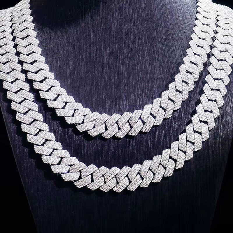 Hot Sale 15mm 3-Row Stone Moissanite Cuban Chain 925 Silver Mens Hip-Hop Fine Jewelry Mossinate Diamond Necklace Gift Couple