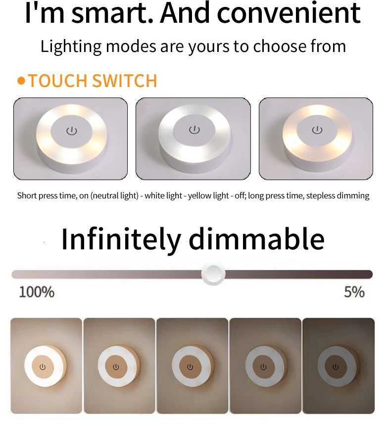 6CM Rechargeable LED Night Light with Touch Switch Wireless Wall Lamp Reading Book Light 3-Colors Dimmable for Bedroom Cabinet XJ250725