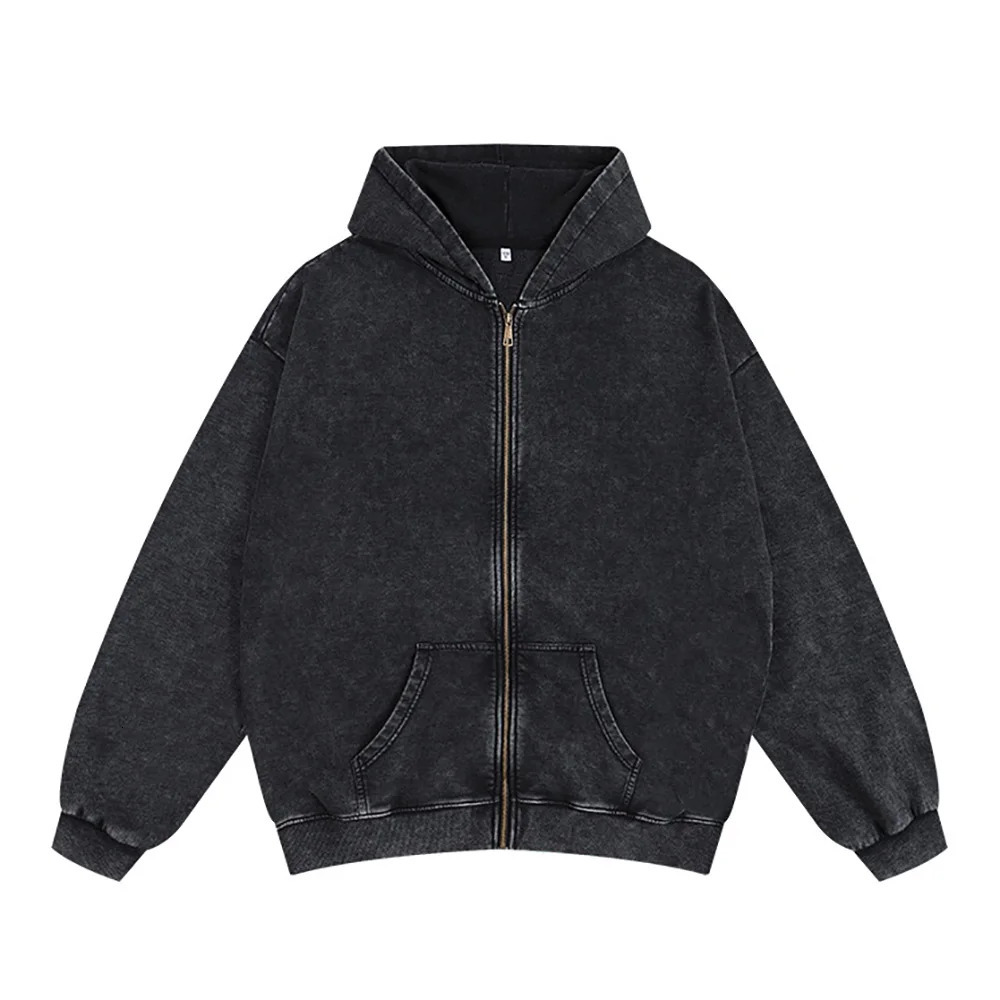 Men Zip Up Vintage Washed Hoodie Heavy Weight French Terry Blank Oversized Hoodie Sweatshirt Streetwear Unisex 250725