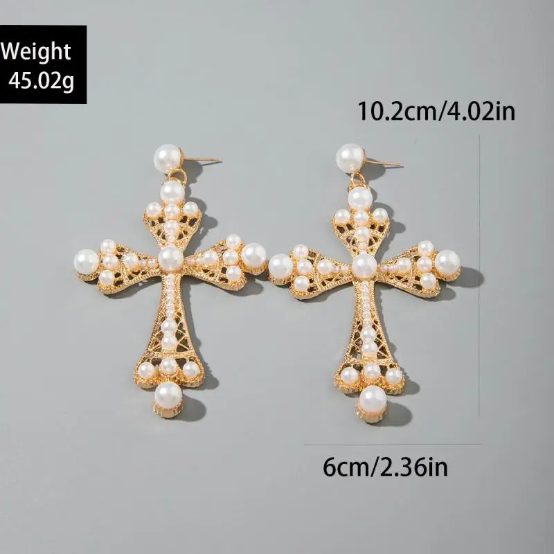Vintage Pearl Cross Drop Earrings for Women Punk Gold Color Hollow Big Fashion Party Jewelry Girl Gift 250715