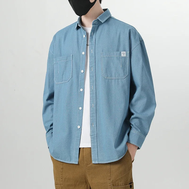 Mens Clothes Cotton Denim Shirts Long Sleeve Blue Black Pockets Button Drop Shoulder Casual Cowboy Coat Loose Work Male Shirt 250725