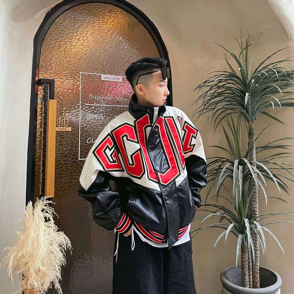 Men's And Women's 2025 Spring New Contrast Color Embroidery Handsome High Street Faux Coats Stand Collar Leather Jacket