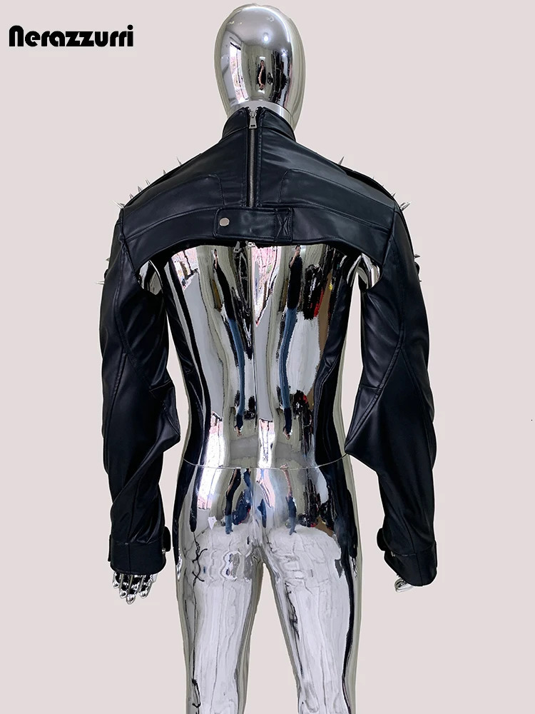Mauroicardi Cool Black Cropped Pu Leather Jacket Men Rivet Shoulder Pads Zip Up Short Punk Style Clothes European Fashion 250725