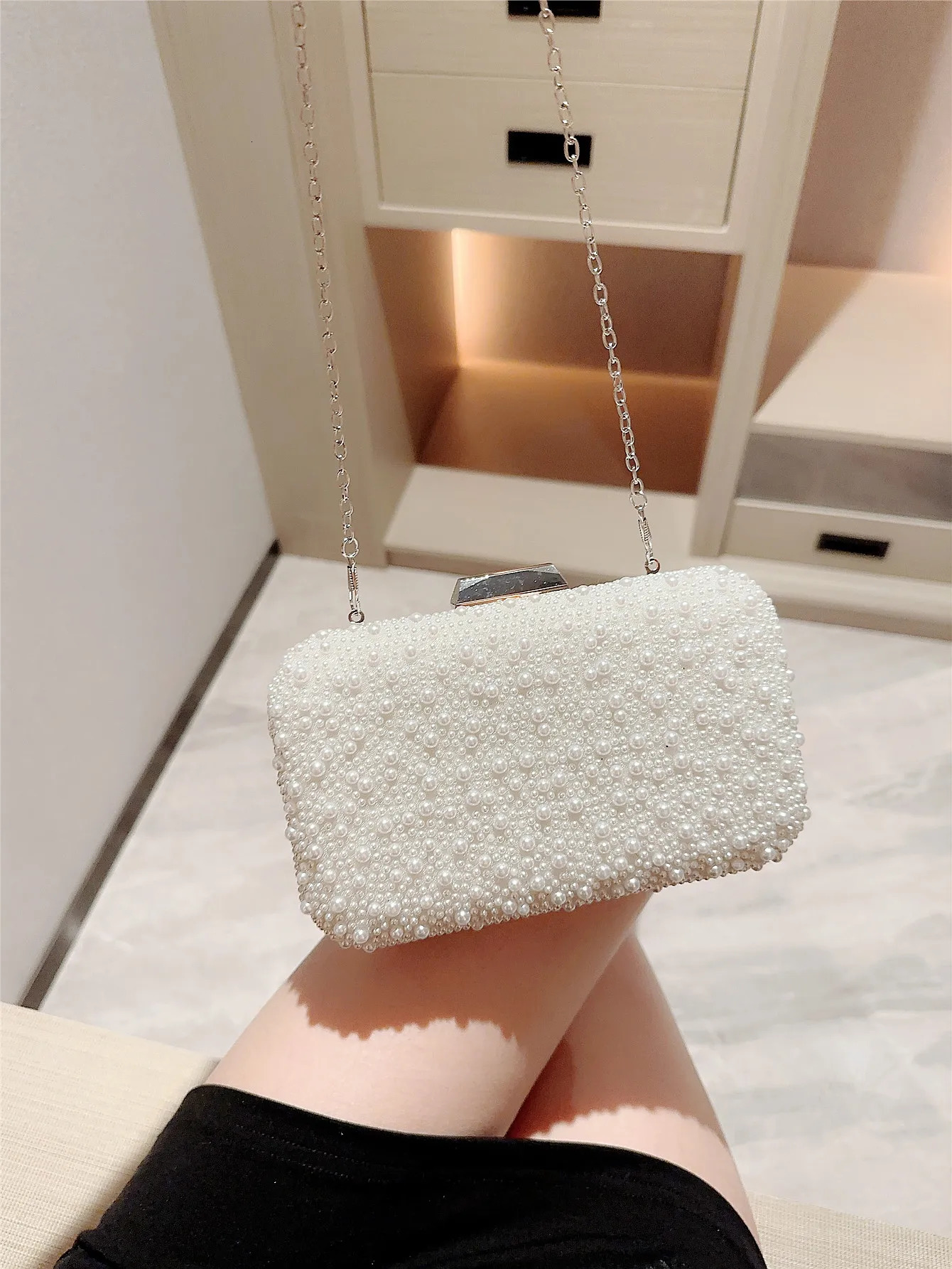 Pearl Square Box Type Evening Bag Beaded Clutch Chain Bag Banquet Bag Evening Bag Dress Bag Wedding Bag 250723