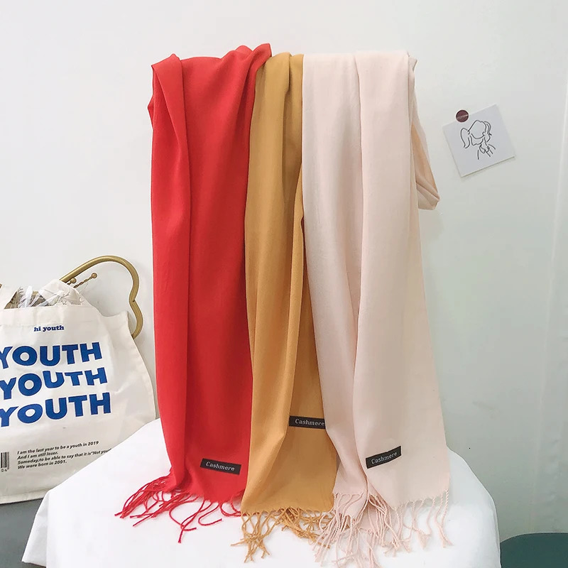 Solid Color Hijabs Cashmere Like Scarf Women Winter Warm Long Shawls And Wraps Hijab Scarves Pashmina Tassels Thin Headband 250724